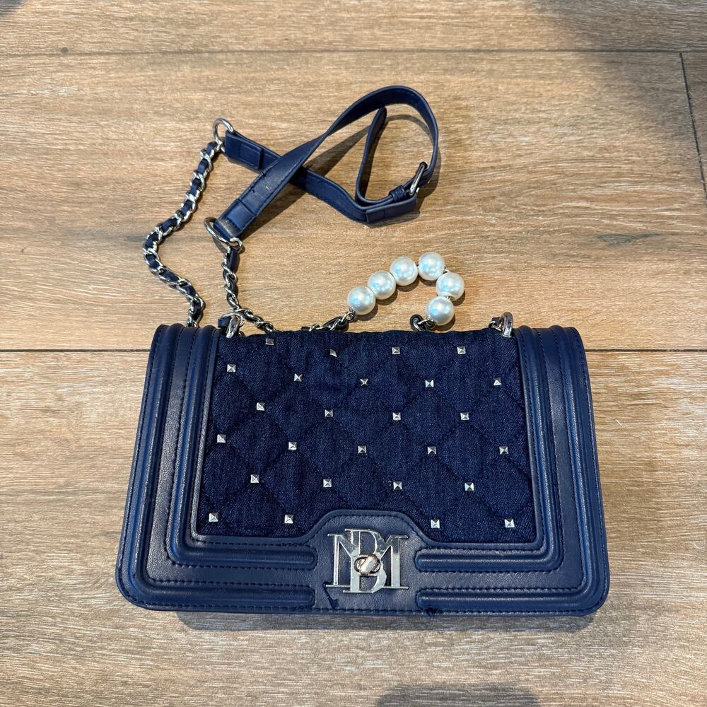 Badgley Mischka Denim Diamond Quilted Crossbody Bag Purse w/Faux Pearls